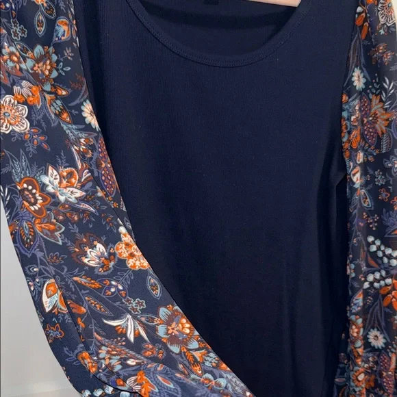 LOFT Black Knit Top with Floral Puff Sleeves - Picture 2 of 5